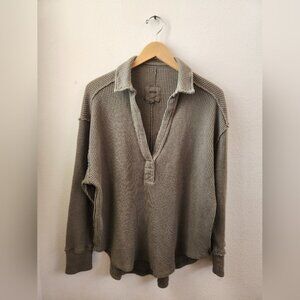 Aerie American Eagle Lumber Jane Waffle Polo Oversized Pullover Top Green Medium